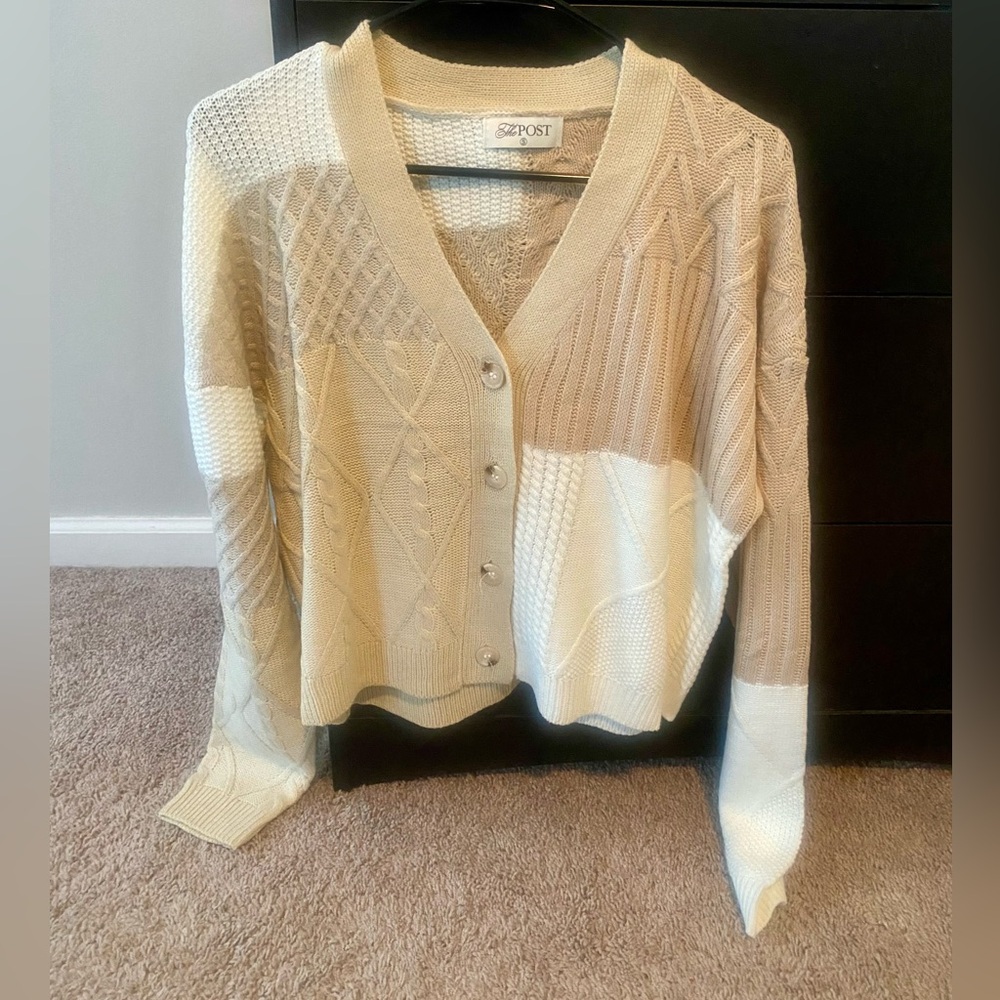 The Post Colorblock Cable-Knit Cardigan in Cream and Beige